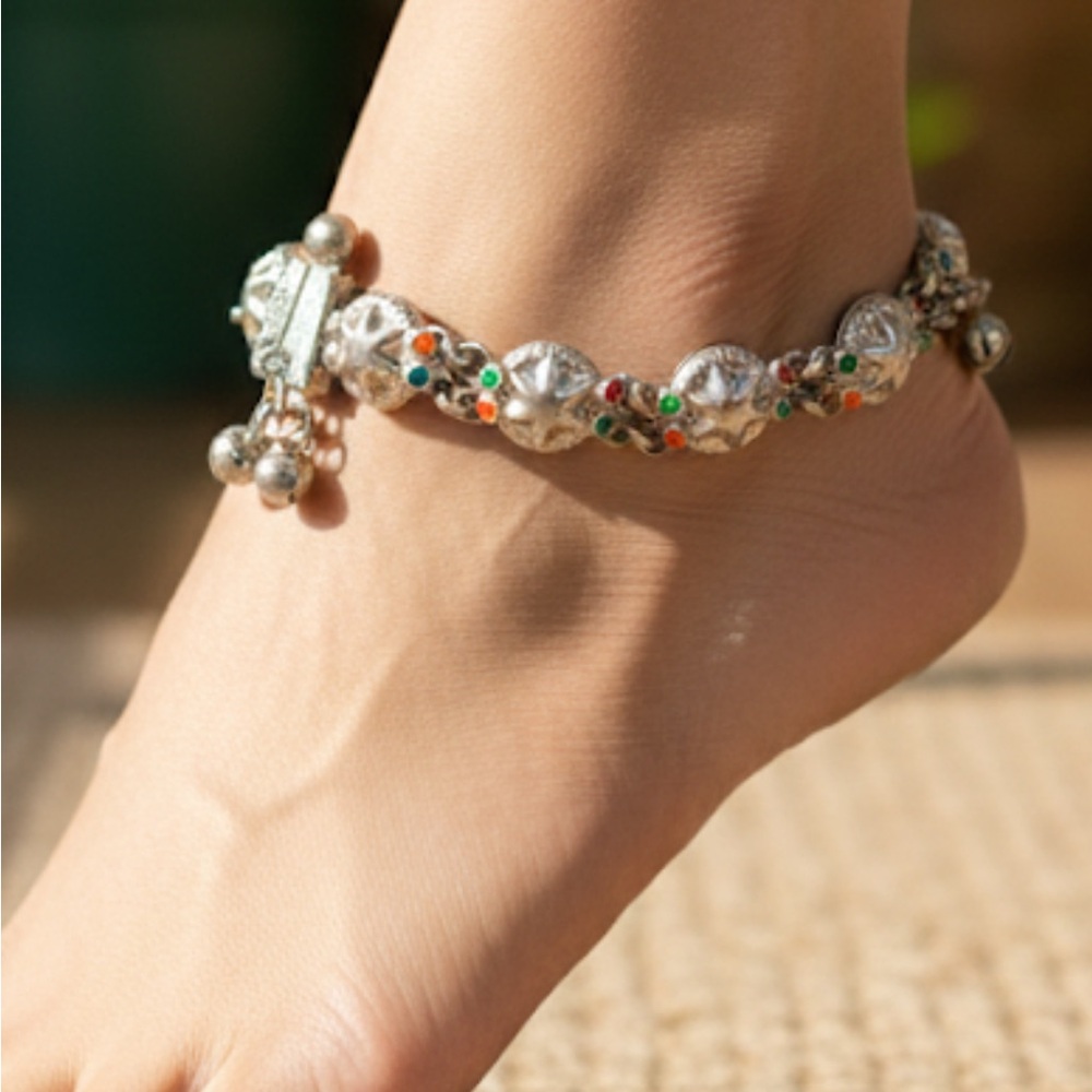 Vintage MKS Indian Silver Meenakari Anklet - Handmade Screw Pin Payal